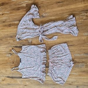 Rene Rofe Sleepwear 3-piece Pajamas Set Top Shorts & Robe Floral Pink Grey Sz M